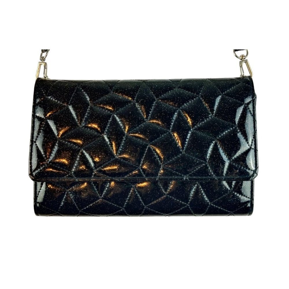 Shoulder Strap Clutch Evening Black Plastic Metallic Specks Shinny Padded Quilte